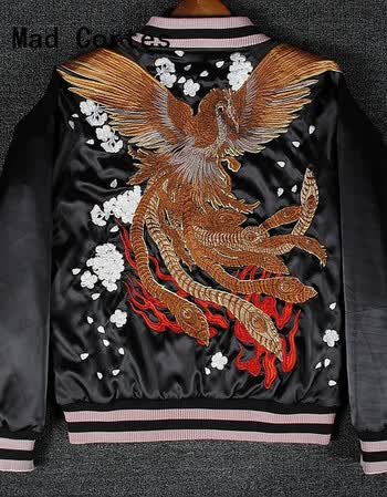 mad cortes 香港潮牌春秋季日系复古朱雀凤凰横须贺刺绣棒球服两面穿