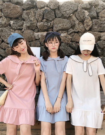 闺蜜装三人女连衣裙夏季学生中长款韩版宽松2018学院风姐妹装 粉色