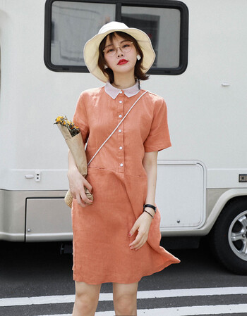 棉麻连衣裙女夏2018新款宽松短袖纯色裙子学生衬衫裙 土橘色 m