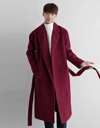 风衣男中长款毛呢外套潮流帅气韩版过膝腰带款羊毛妮子大衣 酒红色 xl