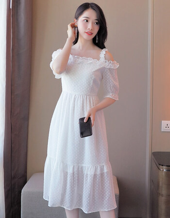 白色雪纺连衣裙夏季2018新款女韩版初恋裙一字肩吊带长裙显瘦tyx 白色