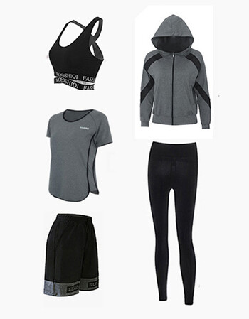 服女宽松春夏季健身房跑步运动套装女五件套瑜伽服潮显瘦大码 灰色 m