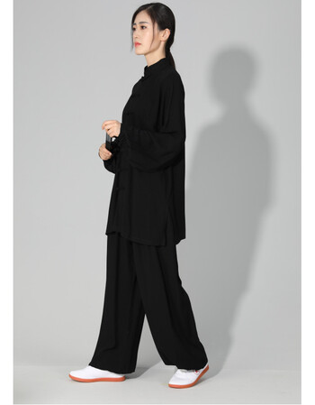 夏季纯棉太极服棉绸透气练功服人造棉晨练服武术表演服 黑色 xl