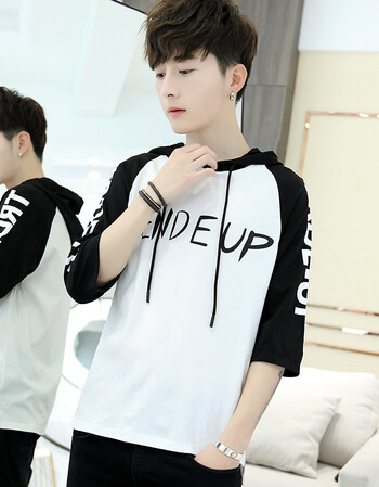 新款青少年t恤男短袖带帽卫衣男士韩版潮流帅气薄款上衣服中学生夏装