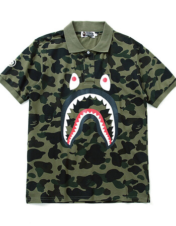 2018夏季新款日系原宿潮牌动物牙齿图案印花迷彩紫翻领polo短袖t 绿色