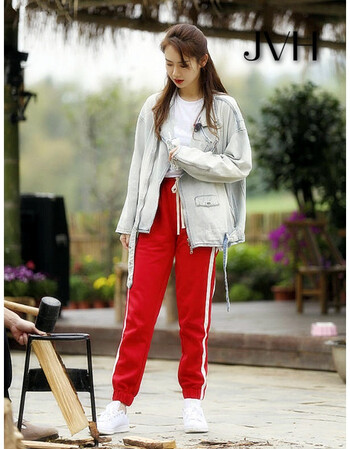 向往的生活戚薇明星同款衣服夏秋新休闲牛仔外套条纹收口运动裤女