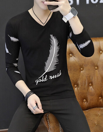 青年男士韩版长袖t恤潮流春秋季打底衫秋衣秋装男上衣服体恤 羽毛黑色