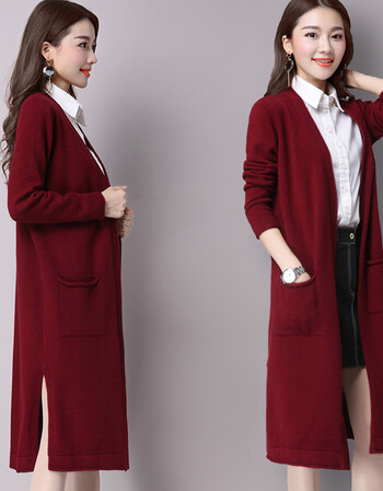 秋装女2018新款针织开衫韩版冬季毛衣外套宽松中长款长袖羊绒外搭 酒