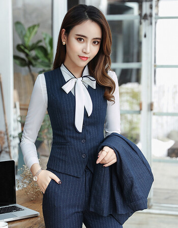 银行工作服女女士西装长袖套装酒店女前台正装4s职业小西服套装 蓝色