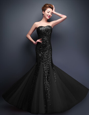 新品新娘长款敬酒礼服亮片抹胸鱼尾晚礼服优雅性感修身主持演 黑色 m