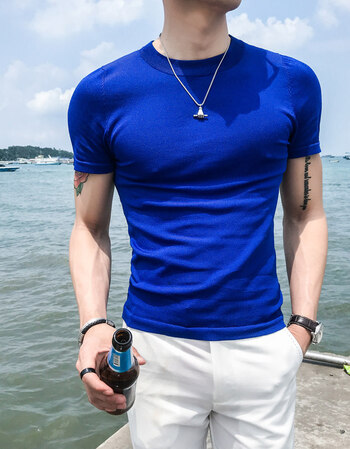 色冰丝针织短袖t恤夏季潮流时尚透气百搭社会小伙半袖潮男体恤 蓝色