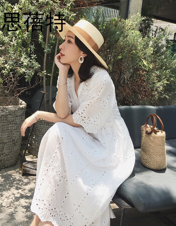 小宜定制气质名媛仙气白色镂空超仙连衣裙女夏2018新款裙子女长裙