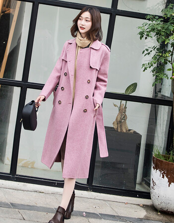 毛呢大衣女秋冬新款双面呢羊毛大衣修身韩版中长款毛呢外套女 紫粉色