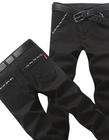 潮休闲裤男裤子薄款卡其布裤修身直筒有弹力纯棉学生裤子男裤 黑色 34