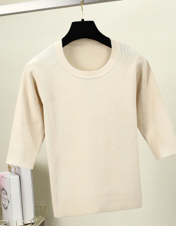 新款秋装套头一字领七分袖打底衫上衣早秋薄款针织衫 杏色纯色圆领 l