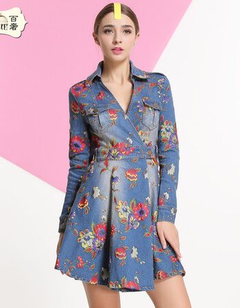 bessie百奢2016春装新款牛仔连衣裙 韩版文艺风长袖印花a字裙女装