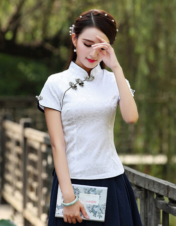 夏改良唐装女茶艺旗袍上衣短袖中式餐厅宾馆服务员养生古装工作服