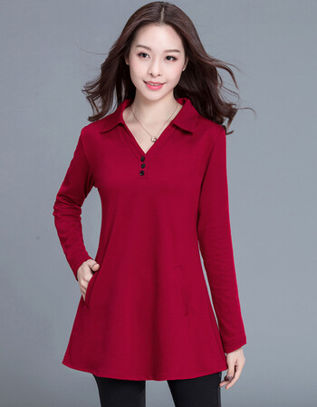 女上衣2018新款妈妈装翻领纯棉长袖t恤韩版宽松中长款打底衫 酒红色