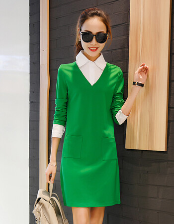 春装新款女装纯色v领连衣裙中长款假两件长袖打底裙修身显瘦潮 绿色