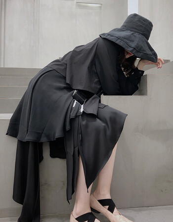 29只羊 黑色半身裙女高腰显瘦不规则2018新款秋季中长款燕尾a字裙