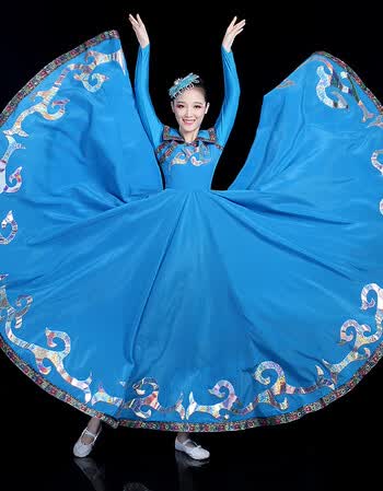 族舞蹈服装女族演出服女成人新款现代开场舞大摆裙民族风套装 蓝色 m