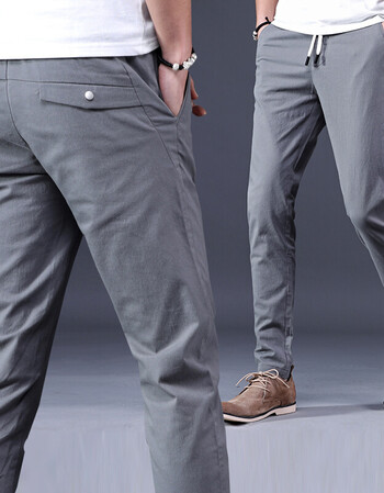 男裤子全棉长裤百搭修身松紧腰9分裤棉质休闲简约九分裤子男 灰色 29