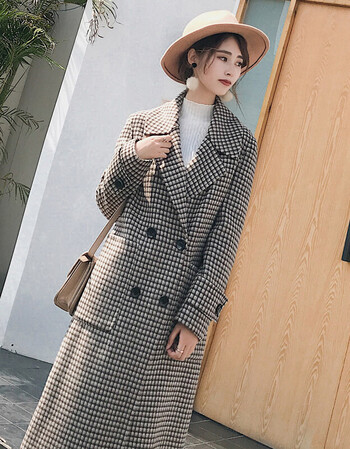 芊贝纯轻奢品牌毛呢外套女2018秋冬新款超流行千鸟格双面羊绒长款格子