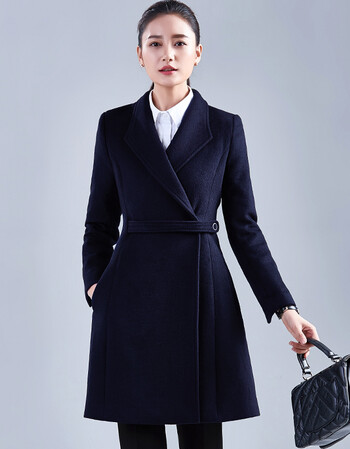 职业装呢大衣工装毛呢外套女收腰ol气质黑色妮子大衣女中长款 藏蓝色