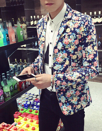 韩版衣服男春外套小西装大码男装潮碎花西服男演出服装修身花褂子 小