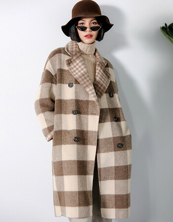 【反季特惠】双面呢格子羊绒大衣女韩版修身2018秋冬中长款毛呢外套女