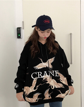 秋冬女装韩版中长款原宿风个性仙鹤宽松连帽套头超火卫衣上衣外套