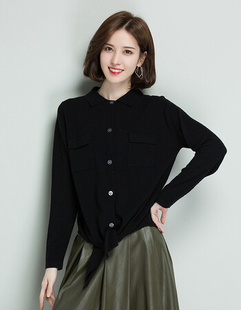 秋款翻领衬衫女长袖时尚修身纯羊毛针织衫衬衣纯色上衣 黑色 95