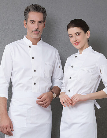 厨师服七分袖男女长袖透气餐厅厨师长工作服厨房衣服纯棉加厚 白色 m