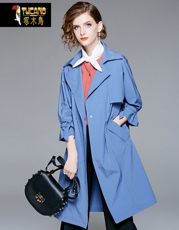 品牌中长款风衣女2018秋季新品女装系带西装领单排两粒扣外套 蓝色 l