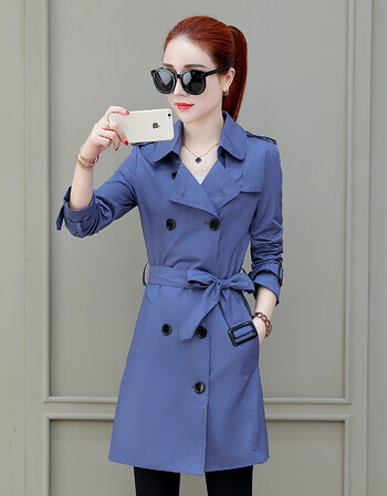 chic外套春秋女装2018新款韩版时尚系带百搭风衣女中长款外衣 蓝色 s
