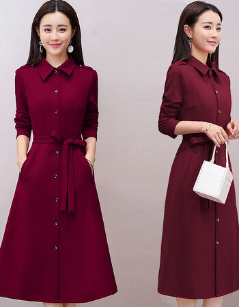 中长款风衣裙2018新款春秋季长袖大码女装过膝百搭冬外套潮 酒红色