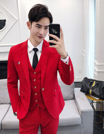 西服套装男士三件套青年韩版帅气正装小西装修身新郎结婚礼服英伦 红