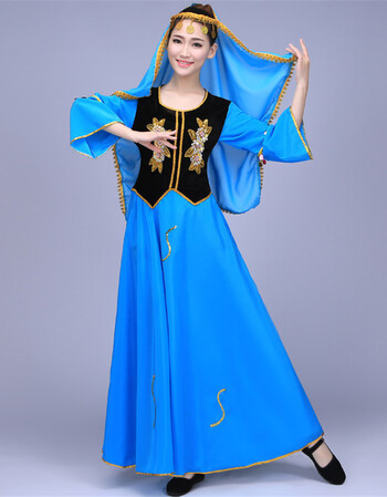 演出服新款女装维族大裙摆维吾尔族服饰少数民族服装aa 蓝色头纱款