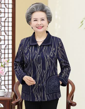 老年人春秋装女6070岁80妈妈装老人衣服长袖服装奶奶春秋薄外套 藏青