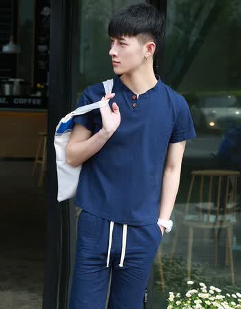 短袖t恤套装 男时尚大码五分裤韩版宽松运动休闲套装潮牌男装 深蓝色