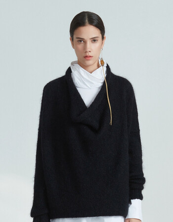 zhuchongyun朱崇恽2018秋冬新款堆领长袖宽松针织 黛黑 s