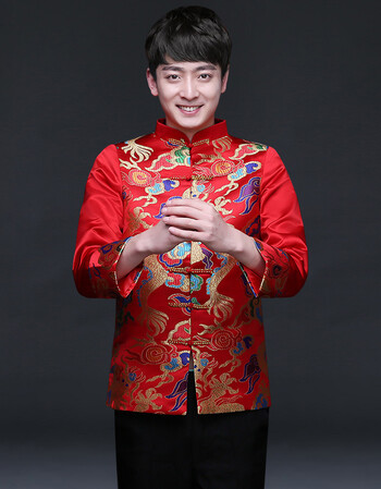 中式礼服男装夏季古装喜服新郎结婚红色唐装长袖中山装复古 全彩龙男