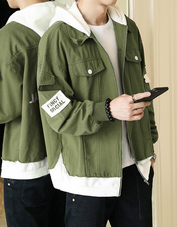 牛仔外套男假两件连帽韩版潮流修身春秋帅气夹克学生宽松褂子 7707军