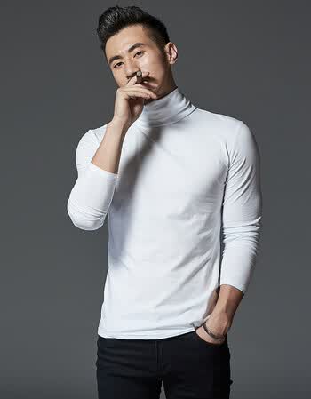 2018秋季新款男士高领纯棉长袖t恤内搭韩版潮青少年体恤白色上衣 白色