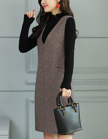 晴天韩衣 2018新款马夹马甲裙时尚修身显瘦百搭打底连衣裙毛呢背心裙