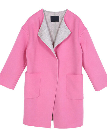 秋冬复古圆肩剪裁翻领口袋双面呢外套大衣 毛呢大衣 雾粉色 xs