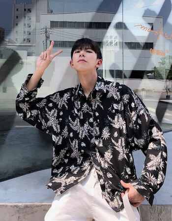 chic碎花衬衫男长袖韩版潮流宽松学生ulzzang网红帅t衬衣ins超火 黑色