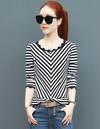 女装 t恤 尼斯鹰 条纹女长袖2018秋装修身显瘦韩版上衣服春秋季打底体