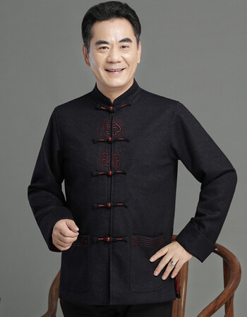 中老年人唐装男长袖盘扣上衣汉服爸爸爷爷老人衣服中国风秋季外套 深
