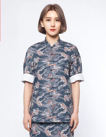 花笙记中国风时尚复古全棉女士禅衣苍龙印花盘扣唐装民族女装新品 灰